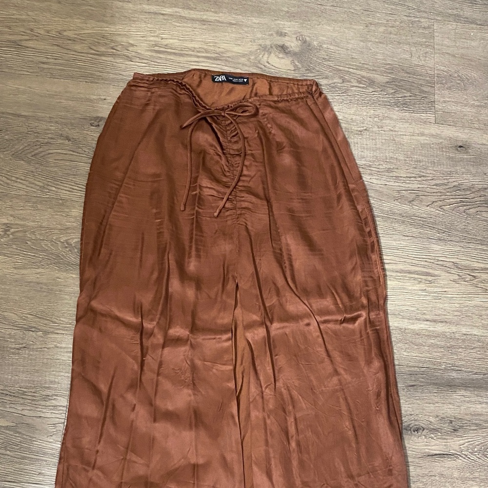 ZARA brown satin skirt with front split and tie